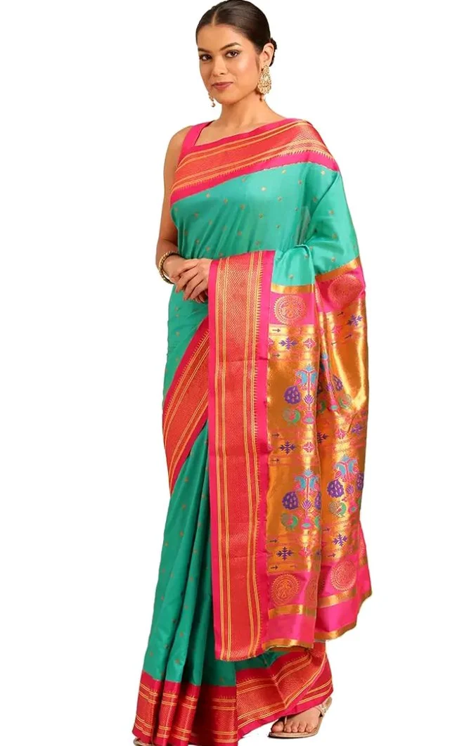 Varkala Silk Sarees Maharani Paithani Saree 5.5 Meter Silk Blend with Copper Zari Peacock Pallu & Unstitched Blouse Piece | Traditional Ethnic Wear Saree for Wedding, Festive & Party Occasion