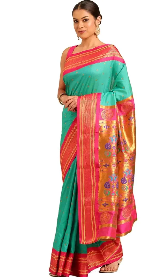Varkala Silk Sarees Maharani Paithani Saree 5.5 Meter Silk Blend with Copper Zari Peacock Pallu & Unstitched Blouse Piece | Traditional Ethnic Wear Saree for Wedding, Festive & Party Occasion