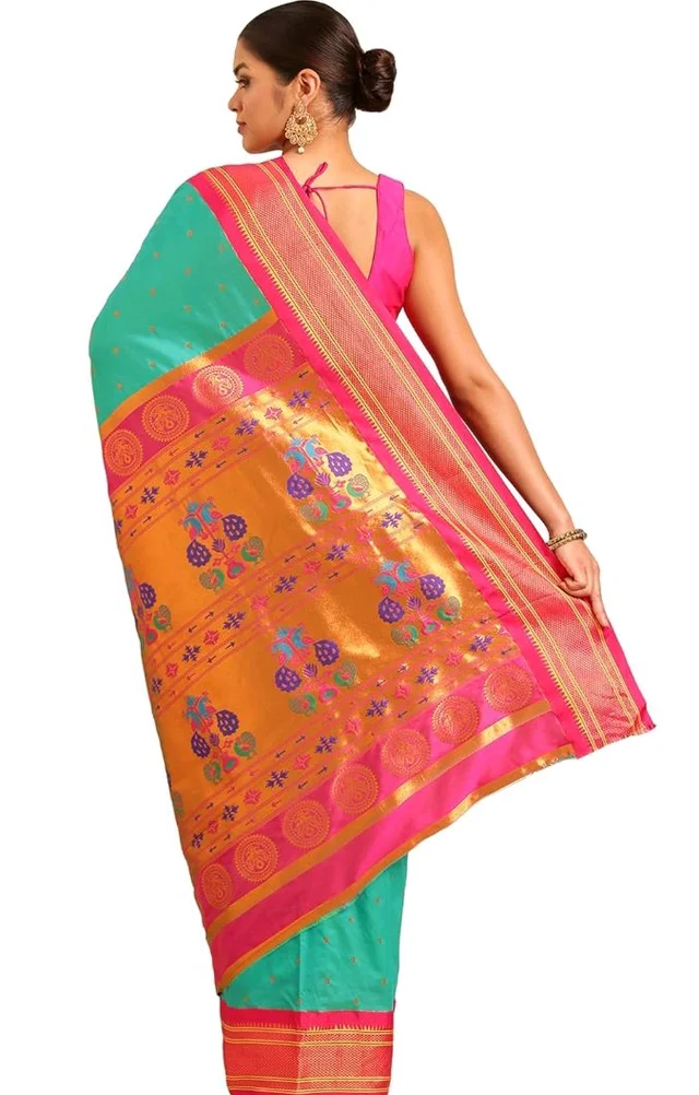 Varkala Silk Sarees Maharani Paithani Saree 5.5 Meter Silk Blend with Copper Zari Peacock Pallu & Unstitched Blouse Piece | Traditional Ethnic Wear Saree for Wedding, Festive & Party Occasion
