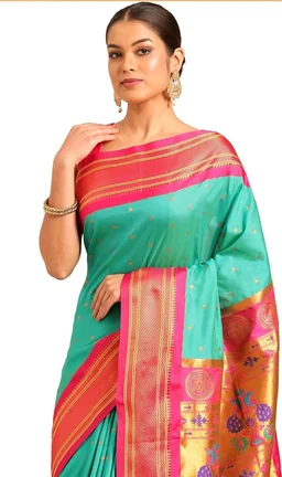 Varkala Silk Sarees Maharani Paithani Saree 5.5 Meter Silk Blend with Copper Zari Peacock Pallu & Unstitched Blouse Piece | Traditional Ethnic Wear Saree for Wedding, Festive & Party Occasion