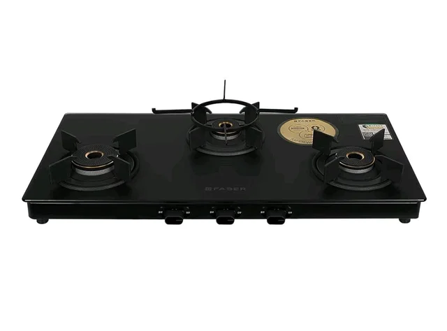 Faber Nebula Black Matt Glass Finish Cooktop |3 Brass Burners - Jumbo, Medium & Small | Manual Ignition| Heavy Pan Support With ABS Knobs| 5Yr Warranty on Glass & Burners by Faber|Cooktop Nebula3BB BK
