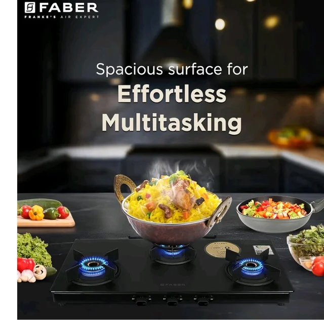 Faber Nebula Black Matt Glass Finish Cooktop |3 Brass Burners - Jumbo, Medium & Small | Manual Ignition| Heavy Pan Support With ABS Knobs| 5Yr Warranty on Glass & Burners by Faber|Cooktop Nebula3BB BK
