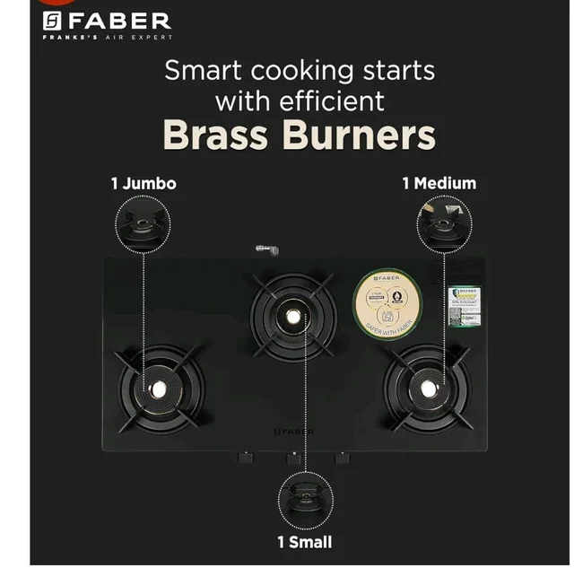 Faber Nebula Black Matt Glass Finish Cooktop |3 Brass Burners - Jumbo, Medium & Small | Manual Ignition| Heavy Pan Support With ABS Knobs| 5Yr Warranty on Glass & Burners by Faber|Cooktop Nebula3BB BK