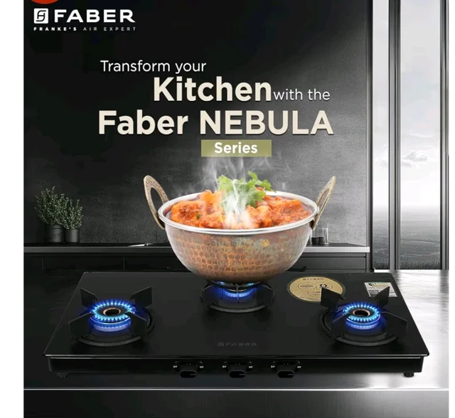 Faber Nebula Black Matt Glass Finish Cooktop |3 Brass Burners - Jumbo, Medium & Small | Manual Ignition| Heavy Pan Support With ABS Knobs| 5Yr Warranty on Glass & Burners by Faber|Cooktop Nebula3BB BK
