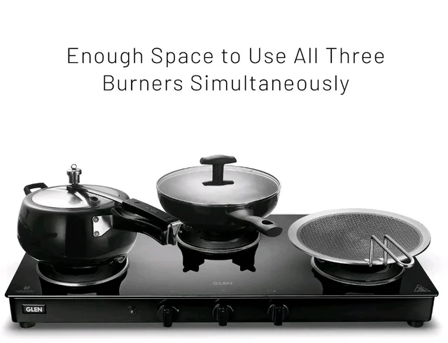 Glen 3 Burner PNG Gas Stove | Crown Pan Supports | Brass Burners
5 Years Warranty on Glass, Valve And Burners | Toughened Glass Top | Manual Ignition | 360° Revolving Nozzle