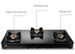 Glen 3 Burner PNG Gas Stove | Crown Pan Supports | Brass Burners
5 Years Warranty on Glass, Valve And Burners | Toughened Glass Top | Manual Ignition | 360° Revolving Nozzle
