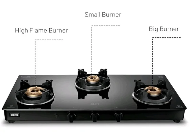 Glen 3 Burner PNG Gas Stove | Crown Pan Supports | Brass Burners
5 Years Warranty on Glass, Valve And Burners | Toughened Glass Top | Manual Ignition | 360° Revolving Nozzle