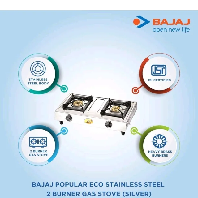 Visit the Bajaj Store
4.0
4.0 out of 5 stars
(1,127)
Bajaj Popular Eco Gas Stove | 2-Burner | Stainless Steel | ISI Certified | Open | 2