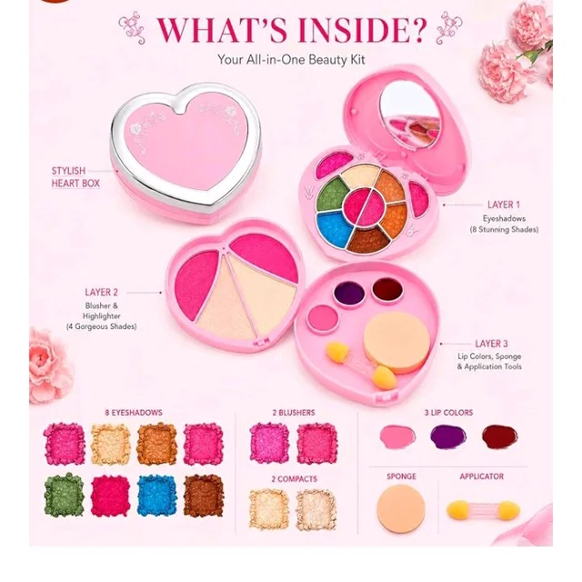 Kedar 3-Layer Makeup Set for Women and Kids, Compact Beauty Box, Multicolor
with Eyeshadows, Blusher, Compact, Lip Colors, Sponge & Applicator