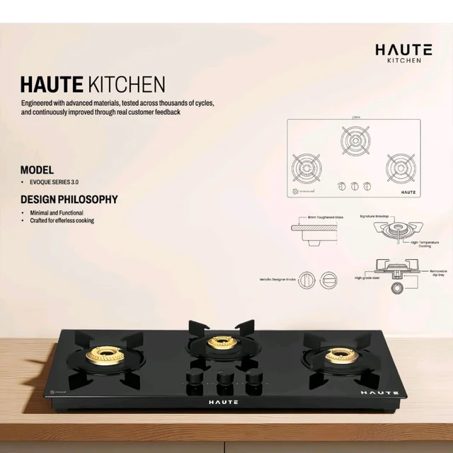 Visit the store, Haute Kitchen
Haute Kitchen
Visit the store
4.3
4.3 out of 5 stars
(1,307)
Haute Evoque series 3.0 Black 3 Burner Manual Stove | 8 MM Atom Glass | ISI certified |Door Step Service |10 Year Warranty by Haute Home