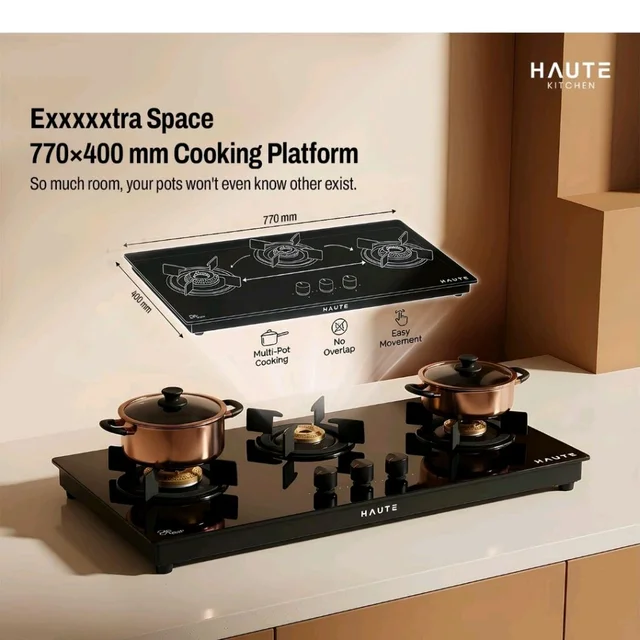 Visit the store, Haute Kitchen
Haute Kitchen
Visit the store
4.3
4.3 out of 5 stars
(1,307)
Haute Evoque series 3.0 Black 3 Burner Manual Stove | 8 MM Atom Glass | ISI certified |Door Step Service |10 Year Warranty by Haute Home