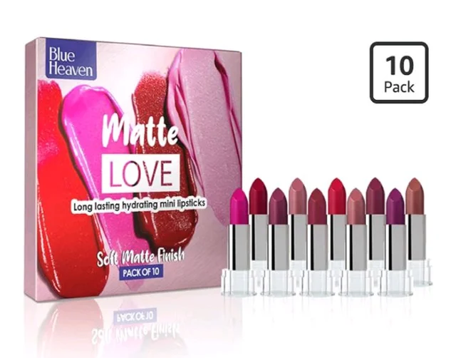 Blue Heaven Matte Love Mini Lipsticks pack of 10 | Long Lasting, Hydrating & Moisturizing Mini Roll on Lipsticks for Women | Soft-Matte Finish | 13g