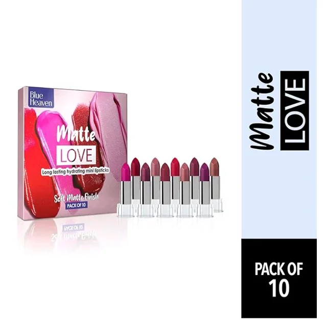 Blue Heaven Matte Love Mini Lipsticks pack of 10 | Long Lasting, Hydrating & Moisturizing Mini Roll on Lipsticks for Women | Soft-Matte Finish | 13g