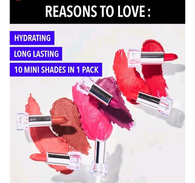 Blue Heaven Matte Love Mini Lipsticks pack of 10 | Long Lasting, Hydrating & Moisturizing Mini Roll on Lipsticks for Women | Soft-Matte Finish | 13g