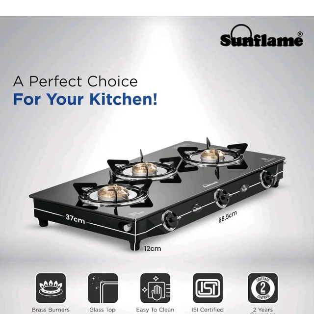 Visit the store, SUNFLAME
SUNFLAME
Visit the store
3.9
3.9 out of 5 stars
(2,984)
Sunflame Pride 3 Burner Gas Stove Glass Top 68.5 cm Wide | 1 Medium & 2 Small Brass Burners Gas Stove | 2-Years Product Coverage | Ergonomic Knobs | Toughened Glass Top | ISI Certified
38%
off
Product Images and Videos (AI-Generated Alt Text)