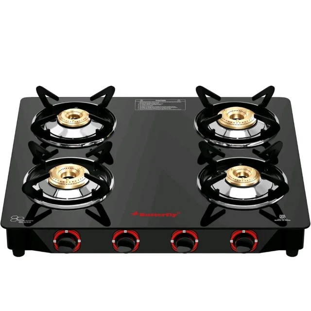 Butterfly Smart 4 Burner Glass Top Gas Stove | Manual Ignition | Scratch Resistant Toughened Glass | Brass Burners | Skid-proof Legs | 1 Year Manufacturer's Warranty | Black