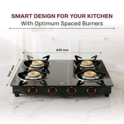 Butterfly Smart 4 Burner Glass Top Gas Stove | Manual Ignition | Scratch Resistant Toughened Glass | Brass Burners | Skid-proof Legs | 1 Year Manufacturer's Warranty | Black