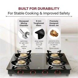 Butterfly Smart 4 Burner Glass Top Gas Stove | Manual Ignition | Scratch Resistant Toughened Glass | Brass Burners | Skid-proof Legs | 1 Year Manufacturer's Warranty | Black