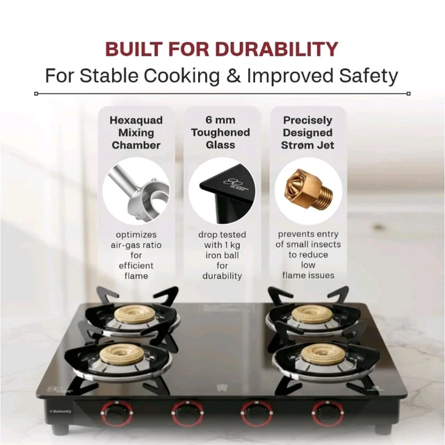Butterfly Smart 4 Burner Glass Top Gas Stove | Manual Ignition | Scratch Resistant Toughened Glass | Brass Burners | Skid-proof Legs | 1 Year Manufacturer's Warranty | Black