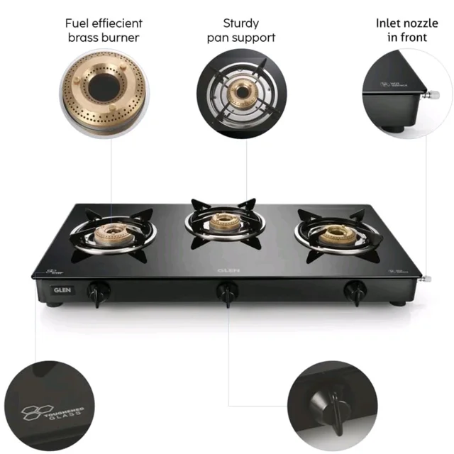 Visit the store, Glen
Glen
Visit the store
3.8
3.8 out of 5 stars
(266)
Glen 3 Burner Toughened Glass LPG Gas Stove 73 cm | Fuel Efficient Brass Burners | Black | Manual Ignition | 2 Years Standard Warranty | 1034GTBBBLi