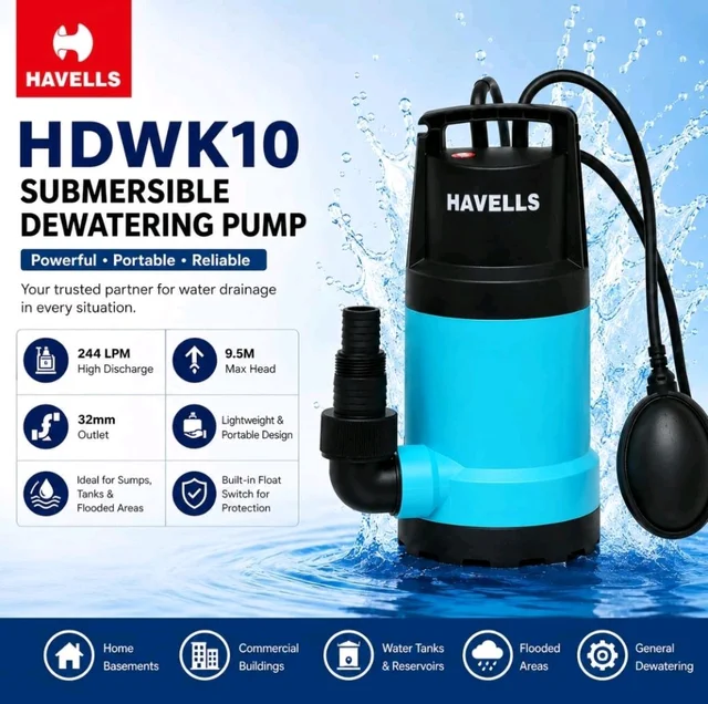 Havells HDWK10 Submersible Dewatering Pump | 244 LPM High Discharge | 9.5M Max Head | Portable Water Drainage Pump | 32mm Outlet | Sumps, Tanks & Flooded Areas | 1 Year Warranty