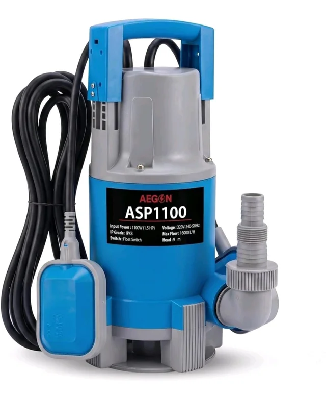 AEGON ASP1100 1.5HP Pure Copper Submersible Sewage Pump/Water Drain Pump with Float Switch for Drainage - 16000 L/H, Head 9m (Blue)