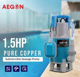 AEGON ASP1100 1.5HP Pure Copper Submersible Sewage Pump/Water Drain Pump with Float Switch for Drainage - 16000 L/H, Head 9m (Blue)