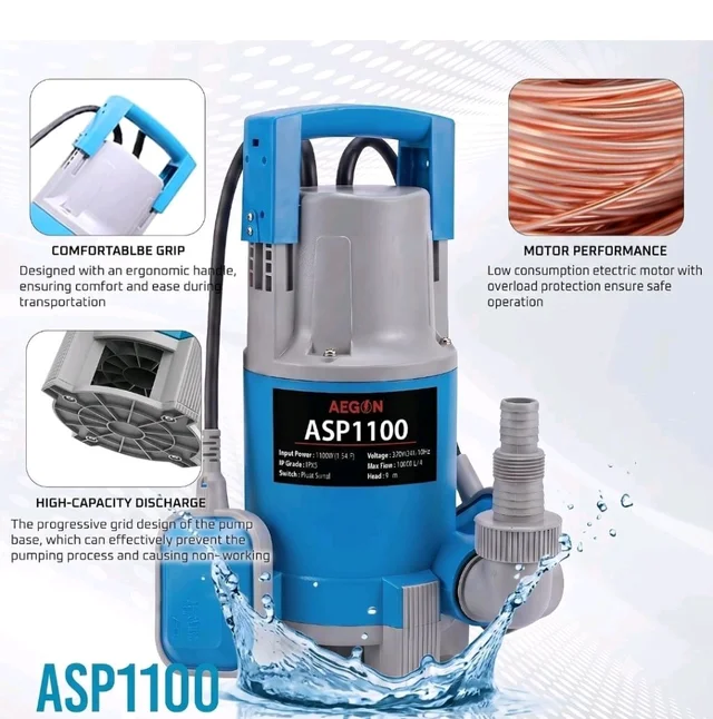 AEGON ASP1100 1.5HP Pure Copper Submersible Sewage Pump/Water Drain Pump with Float Switch for Drainage - 16000 L/H, Head 9m (Blue)