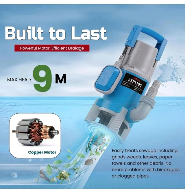 AEGON ASP1100 1.5HP Pure Copper Submersible Sewage Pump/Water Drain Pump with Float Switch for Drainage - 16000 L/H, Head 9m (Blue)