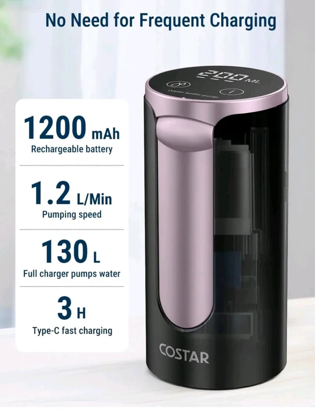 COSTAR Portable Wireless Water Dispenser Pump for 20 Litre Bottle, Automatic Water Pump with Led Digital Display, Water Dispenser Smart Touch, Rechargeable Battery, Foldable, 1200mAh