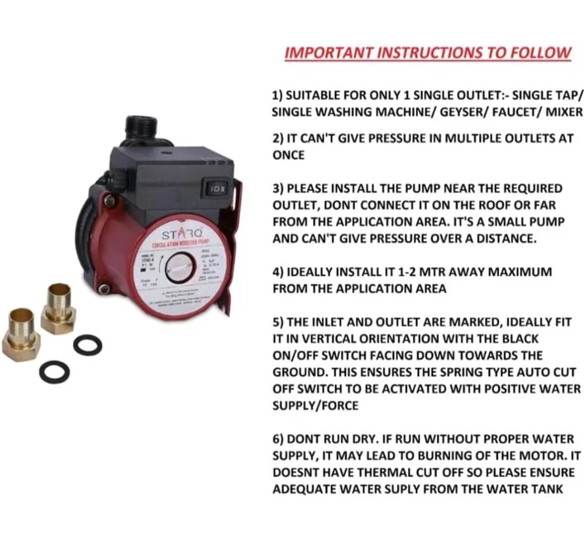 STARQ ST165-9 Inline Automatic Water Pressure Pump With Wall Mounting Bracket Suitable for Hot Water Circulation, Washing Machine, RO & Shower (RED)