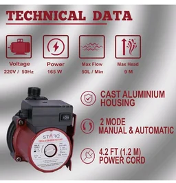 STARQ ST165-9 Inline Automatic Water Pressure Pump With Wall Mounting Bracket Suitable for Hot Water Circulation, Washing Machine, RO & Shower (RED)