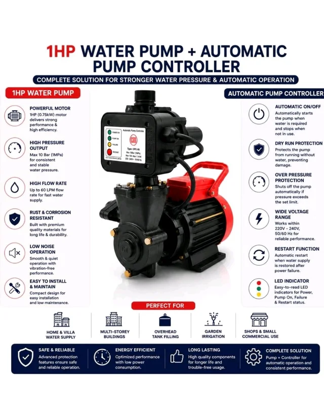 CRI Pressure Booster Pump for home upto 3-4 bathroom and kitchen I 1hp with automatic pump controller IWater pump 1hp I 15 Months Warranty