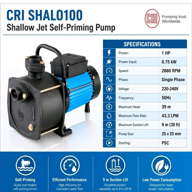CRI SHALO PRO100 1HP Shallow Jet Self-Priming Water Pump | Home Water Pump | Shallow Well Pump | Garden Irrigation Pump | Pressure Booster | 30ft Suction Lift