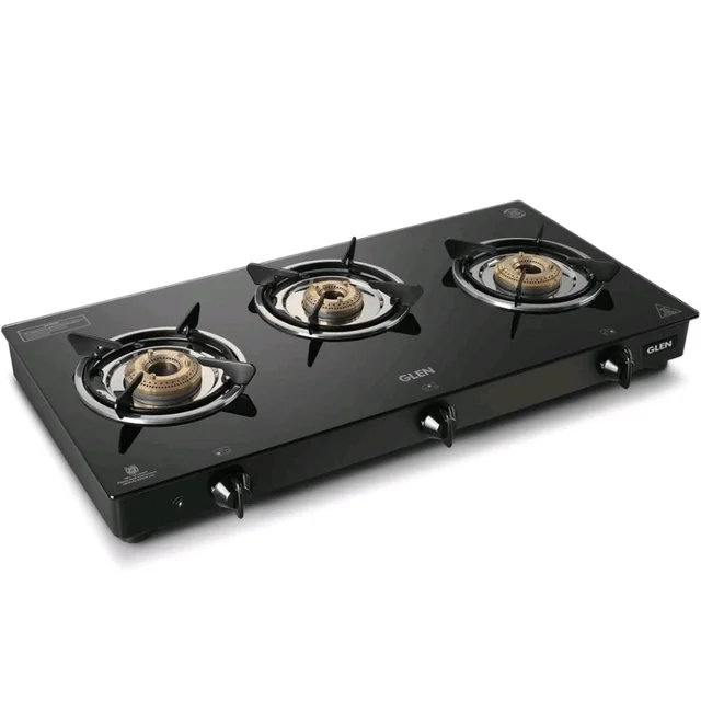 Glen Apex LPG Gas Stove 3 Burner 70 cm | 6mm Toughened Glass Top | Auto Ignition | Brass Burners | ISI Certified | Black | Revolving Inlet Nozzle | 2 Year Warranty On Product