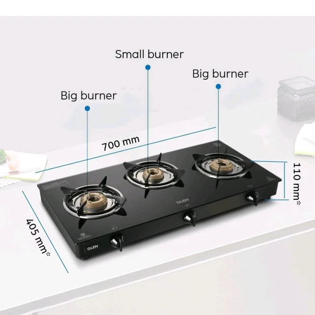 Glen Apex LPG Gas Stove 3 Burner 70 cm | 6mm Toughened Glass Top | Auto Ignition | Brass Burners | ISI Certified | Black | Revolving Inlet Nozzle | 2 Year Warranty On Product