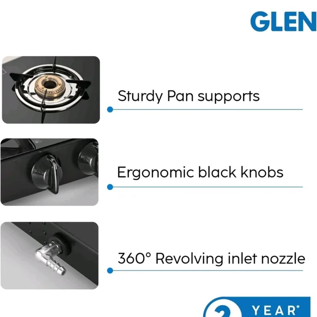 Glen Apex LPG Gas Stove 3 Burner 70 cm | 6mm Toughened Glass Top | Auto Ignition | Brass Burners | ISI Certified | Black | Revolving Inlet Nozzle | 2 Year Warranty On Product