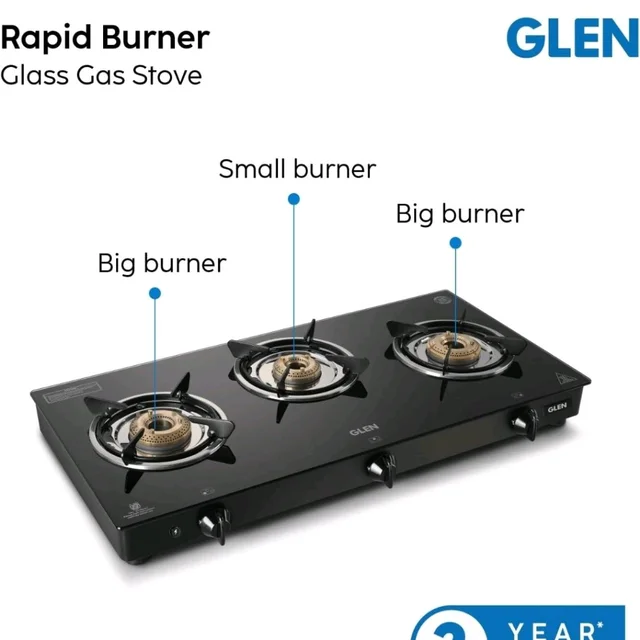 Glen Apex LPG Gas Stove 3 Burner 70 cm | 6mm Toughened Glass Top | Auto Ignition | Brass Burners | ISI Certified | Black | Revolving Inlet Nozzle | 2 Year Warranty On Product