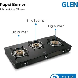 Glen Apex LPG Gas Stove 3 Burner 70 cm | 6mm Toughened Glass Top | Auto Ignition | Brass Burners | ISI Certified | Black | Revolving Inlet Nozzle | 2 Year Warranty On Product