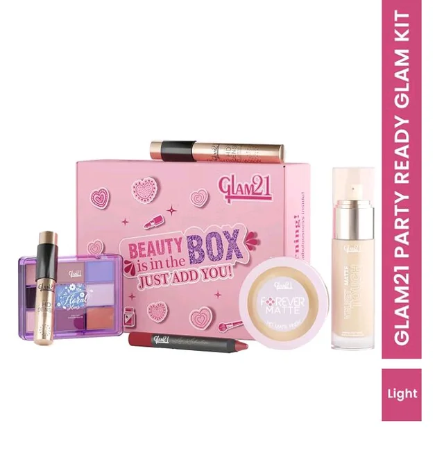 Glam21 Party Ready Glam Makeup kit | Velvet Touch Foundation, Compact Powder, Eye Shadow Palette, Crayon Lipstick, HD Dense Mascara & Eyeliner | Set Of 6 Makeup Kit (Light Tone)