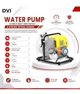 DVI 3 HP 97CC PORTABLE 1.5INCH WATER PUMP 4 STROKE ADVANCED TECHNOLOGY PETROL ENGINE USED FOR AGRICULTURE, HOME, COMMERCIAL, HIGH RISE BUILDINGS, PROCESS INDUSTRIES, GARDENS ETC