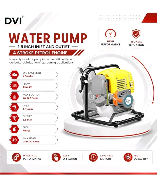 DVI 3 HP 97CC PORTABLE 1.5INCH WATER PUMP 4 STROKE ADVANCED TECHNOLOGY PETROL ENGINE USED FOR AGRICULTURE, HOME, COMMERCIAL, HIGH RISE BUILDINGS, PROCESS INDUSTRIES, GARDENS ETC