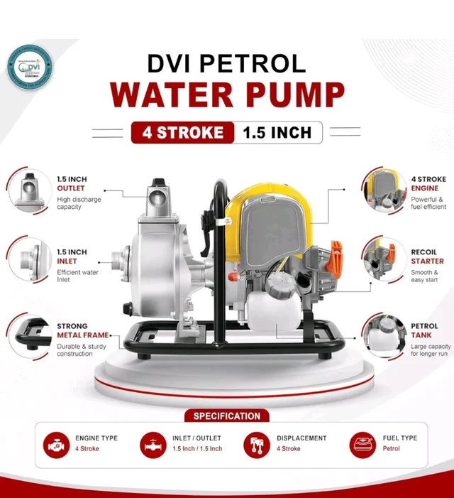 DVI 3 HP 97CC PORTABLE 1.5INCH WATER PUMP 4 STROKE ADVANCED TECHNOLOGY PETROL ENGINE USED FOR AGRICULTURE, HOME, COMMERCIAL, HIGH RISE BUILDINGS, PROCESS INDUSTRIES, GARDENS ETC