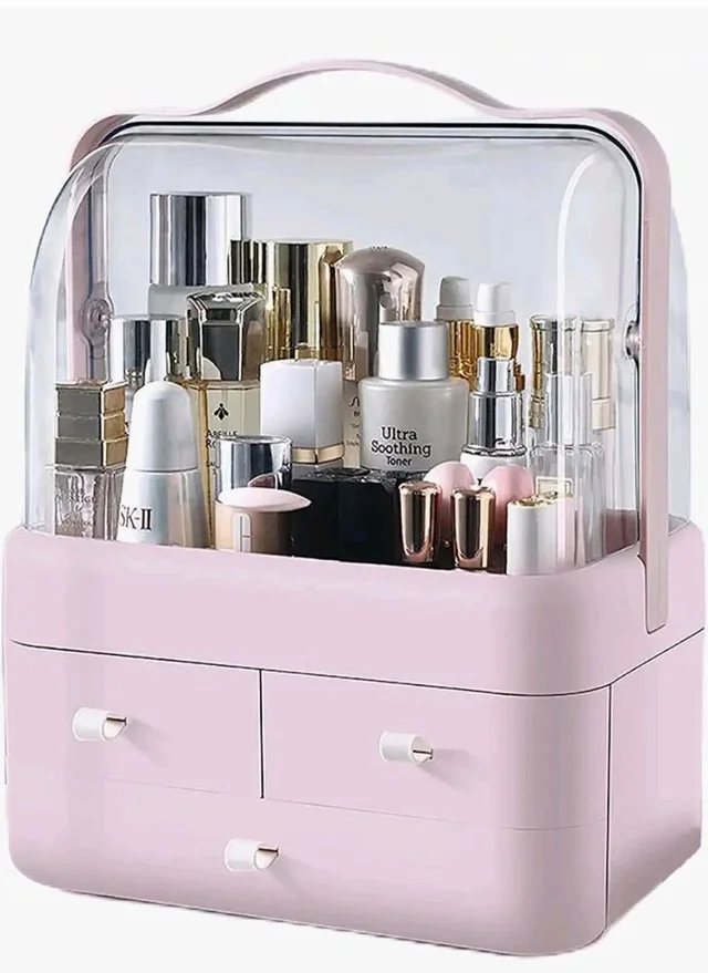 House of Quirk Luxury Multi-Function Cosmetic Storage Box Large-Capacity Dust-Proof with Lid Fully Open Makeup Box Desktop Dressing Table Skin Care Lipstick Rack (Pink) 26.5 x 18.2 x 34.7 cm
