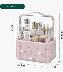 House of Quirk Luxury Multi-Function Cosmetic Storage Box Large-Capacity Dust-Proof with Lid Fully Open Makeup Box Desktop Dressing Table Skin Care Lipstick Rack (Pink) 26.5 x 18.2 x 34.7 cm