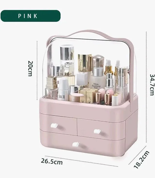 House of Quirk Luxury Multi-Function Cosmetic Storage Box Large-Capacity Dust-Proof with Lid Fully Open Makeup Box Desktop Dressing Table Skin Care Lipstick Rack (Pink) 26.5 x 18.2 x 34.7 cm