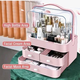 House of Quirk Luxury Multi-Function Cosmetic Storage Box Large-Capacity Dust-Proof with Lid Fully Open Makeup Box Desktop Dressing Table Skin Care Lipstick Rack (Pink) 26.5 x 18.2 x 34.7 cm