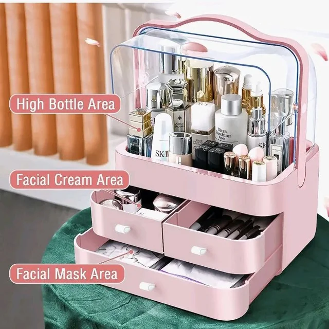 House of Quirk Luxury Multi-Function Cosmetic Storage Box Large-Capacity Dust-Proof with Lid Fully Open Makeup Box Desktop Dressing Table Skin Care Lipstick Rack (Pink) 26.5 x 18.2 x 34.7 cm