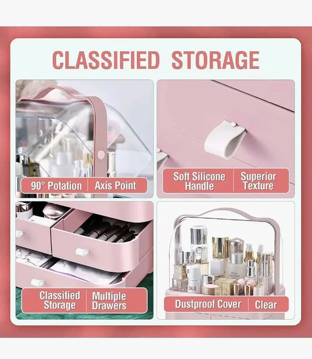 House of Quirk Luxury Multi-Function Cosmetic Storage Box Large-Capacity Dust-Proof with Lid Fully Open Makeup Box Desktop Dressing Table Skin Care Lipstick Rack (Pink) 26.5 x 18.2 x 34.7 cm