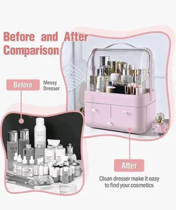 House of Quirk Luxury Multi-Function Cosmetic Storage Box Large-Capacity Dust-Proof with Lid Fully Open Makeup Box Desktop Dressing Table Skin Care Lipstick Rack (Pink) 26.5 x 18.2 x 34.7 cm